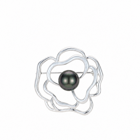 6–7mm Tahitian Pearl Rose Brooch in silver-tone metal by House Of Pearls - TA