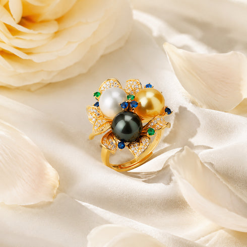 Three Color Seawater Pearl Floral Ring