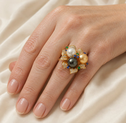 Three Color Seawater Pearl Floral Ring