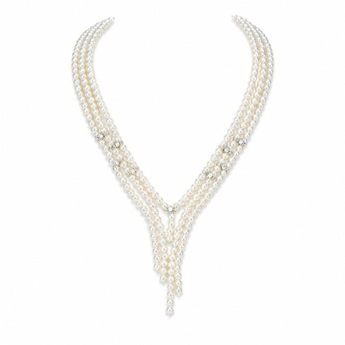V-shaped Aurora Pearl Sweater Necklace, white multi-strand pearls with crystal accents