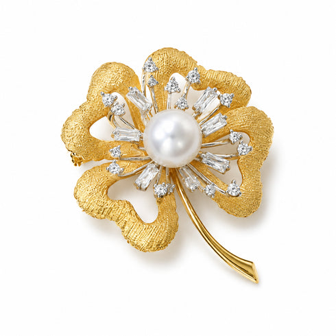 Brooch by House Of Pearls: 10–11mm freshwater pearl four-leaf floral pin with gold textured petals and crystal accents