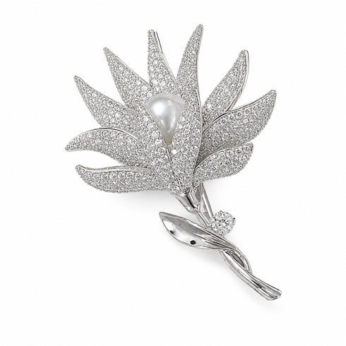 Brooch 9–10mm freshwater pearl spider lily, silver-tone with crystal pave petals, by House Of Pearls - QD