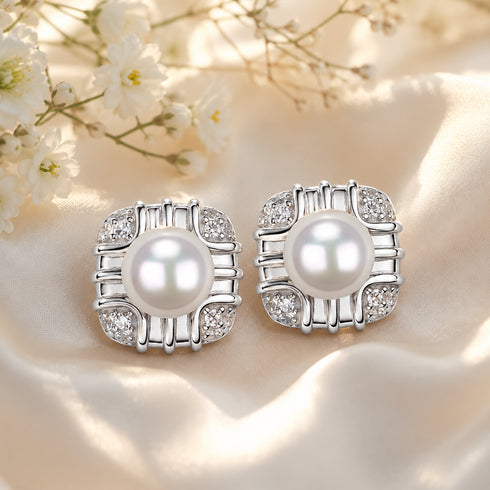7-8mm White Japanese Akoya Pearl Square Stud Earrings, 2pc set with silver-tone settings, House Of Pearls -LC