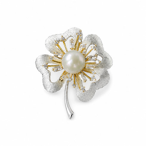 Brooch, 10–11mm freshwater pearl four-leaf design by House Of Pearls, gold-tone rays with crystal accents.