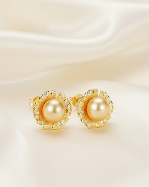 9-10mm Golden South Sea Pearl Sunflower Stud Earrings