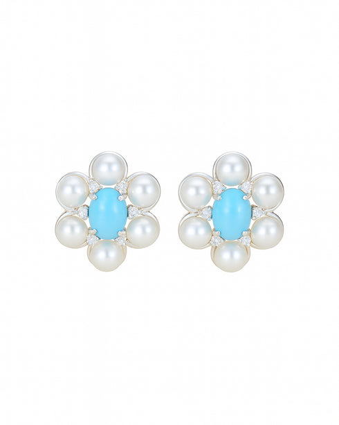 Blue Turquoise and Freshwater Pearl Floral Stud Earrings