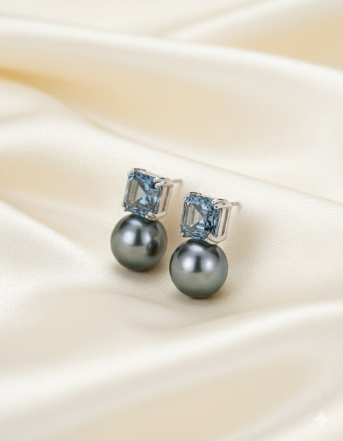10–11mm Baroque Tahitian Black Pearl & Dark Grey CZ Silver Earrings - Earrings made with hand-selected pearls from House of Pearls