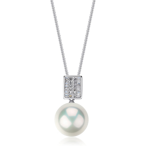 Freshwater pearl crystal grid pendant necklace by House Of Pearls, featuring 12-13mm pearls and intricate design.