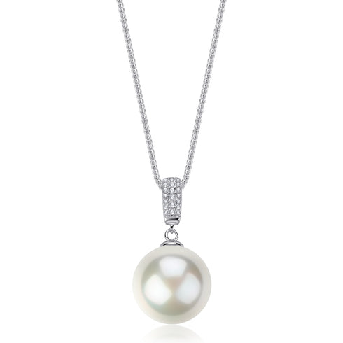 Pure Glow pendant necklace with a 13-14mm freshwater pearl and pavé diamond bar on a silver chain.