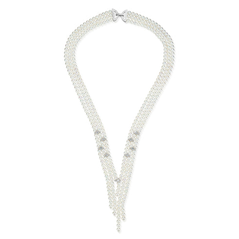 V-Shaped Aurora Pearl Sweater Necklace, triple-strand white pearls with crystal bow clasp, House Of Pearls - TA.