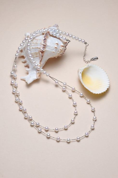 Starry freshwater pearl floating necklace by House of Pearls-JT, 5–6mm white pearls on a silver chain