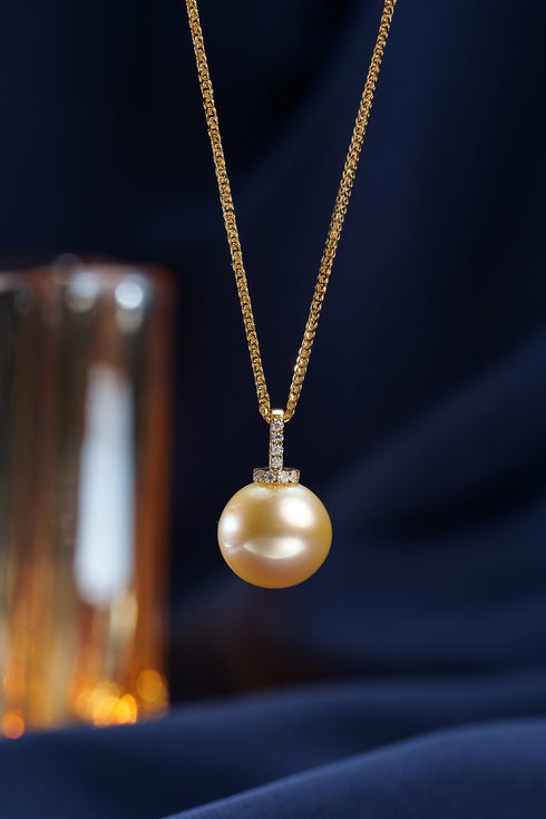 12–13mm Golden South Sea pearl vintage milk-drop pendant necklace on a gold chain with diamond halo, House Of Pearls - JG
