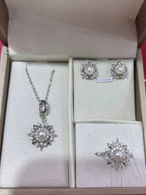 Starburst Pearl Jewelry Set, 3-piece silver-tone with pearl centers and crystal accents; necklace, earrings, ring.