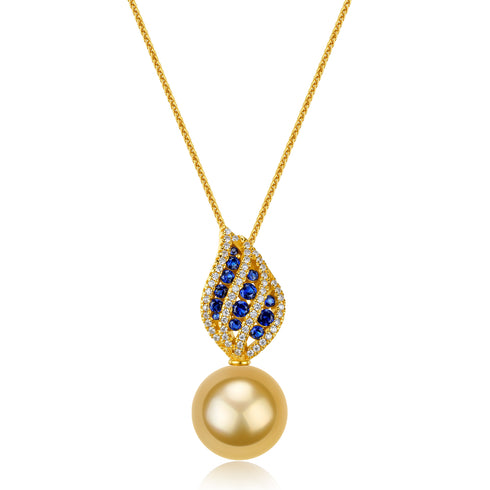 Golden South Sea Pearl Blue Sapphire Leaf Pendant