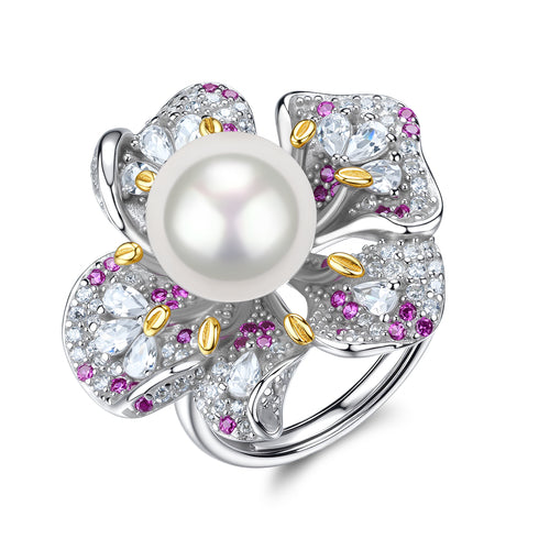 7-8mm Freshwater Pearl Zirconia Rose Earrings