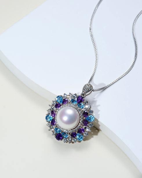12-13mm Purple Freshwater Pearl Multicolor Gemstone Pendant Necklace