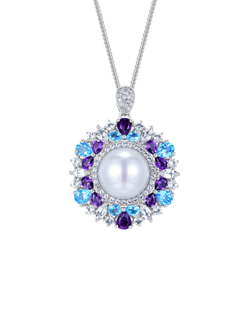 12-13mm Purple Freshwater Pearl Multicolor Gemstone Pendant Necklace