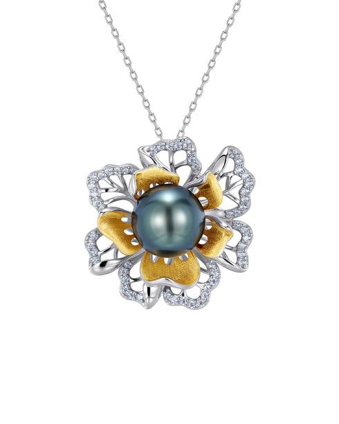10-11mm Tahitian Pearl Dual-Tone Floral Pendant Necklace