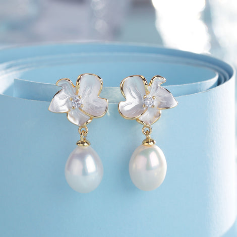 Magnolia Enamel Pearl Drop Earrings - House Of Pearls