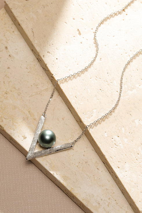 9-10mm Tahitian Black Pearl V Pendant Necklace