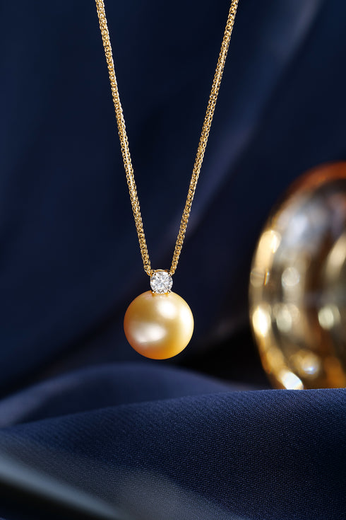 Golden South Sea Pearl fairy drop pendant necklace by House Of Pearls, showcasing a 12-13mm GUILD Certified pearl.