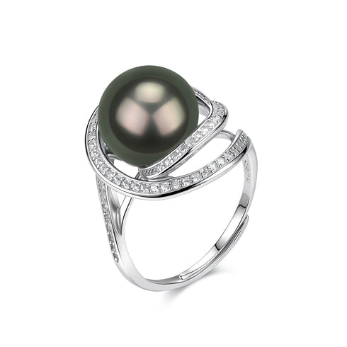 Tahitian South Sea Pearl Ocean Swirl Ring with dark pearl centerpiece and pave-diamond accents
