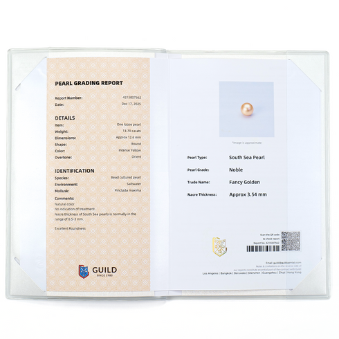 Necklace: Golden South Sea pearl solitaire pendant, 12–13mm, GUILD certified with grading report