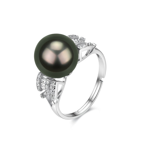 Ring: Tahitian South Sea Pearl Sparkle Ring by House Of Pearls - XM, white gold band with dark pearl and diamond accents