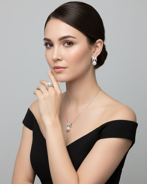 Pearl Pavé Letter M Jewelry Set