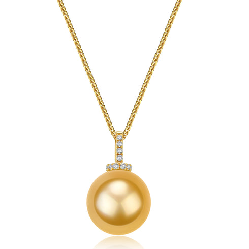 Necklace with 12–13mm golden South Sea milk-drop pearl pendant on a gold chain, House of Pearls, GUILD-certified