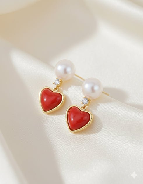 5–6mm Freshwater Button Pearl Red Heart Drop Earrings