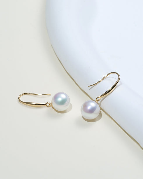 7-8mm White Freshwater Pearl Hook Earrings 14K Gold