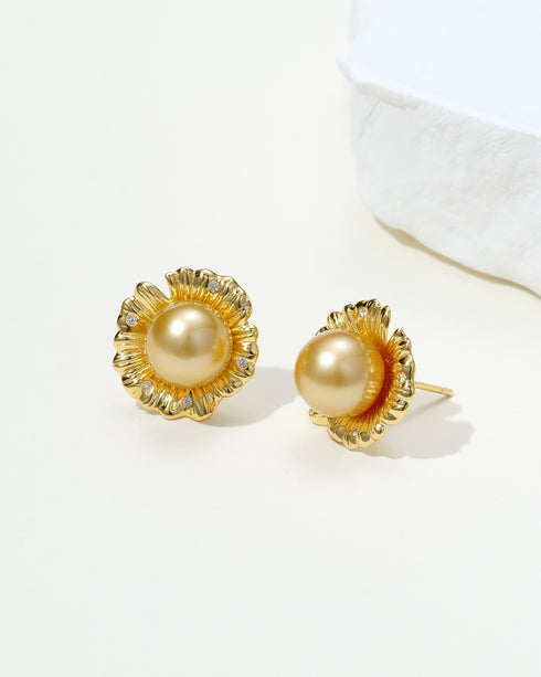 9-10mm Golden South Sea Pearl Sunflower Stud Earrings