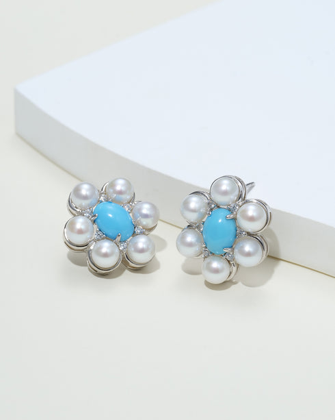 Blue Turquoise and Freshwater Pearl Floral Stud Earrings