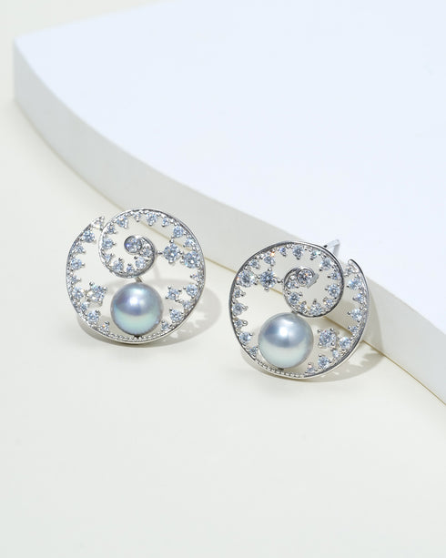 8–9mm Silver Blue Pearl Spiral Zirconia Stud Earrings