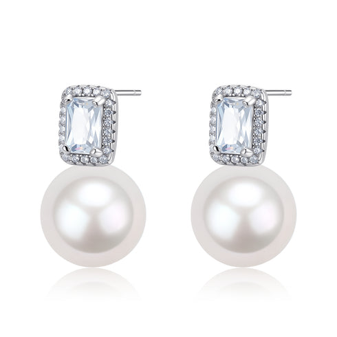 11-12mm Freshwater Pearl Rectangular Zircon Stud Earrings - Earrings made with hand-selected pearls from House of Pearls