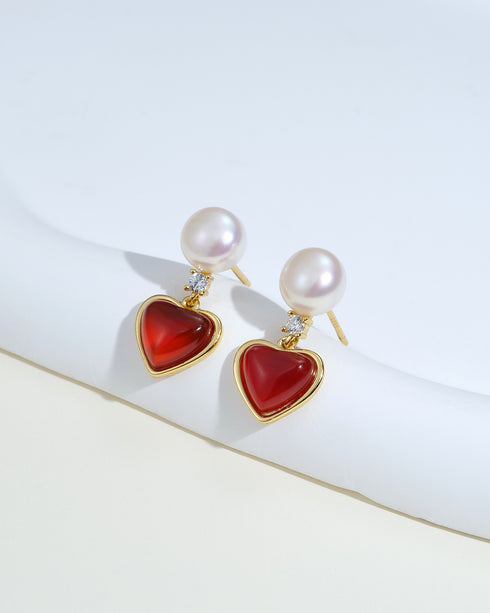 5–6mm Freshwater Button Pearl Red Heart Drop Earrings