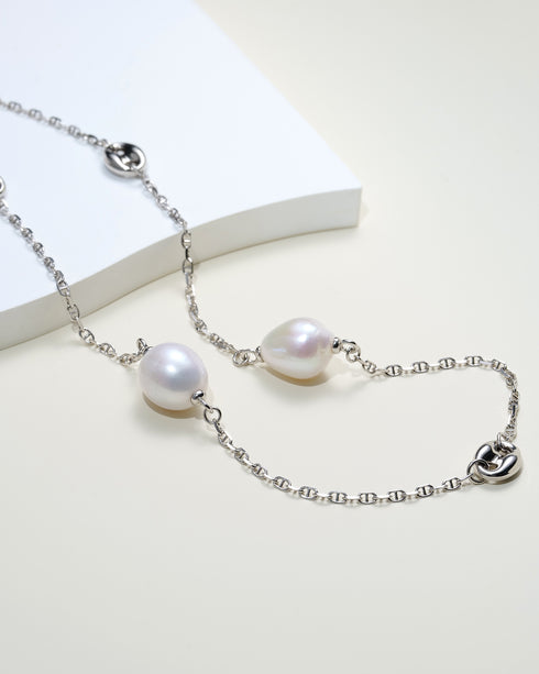 32-Inch Large Baroque Freshwater Pearl Silver Circle Links Necklace