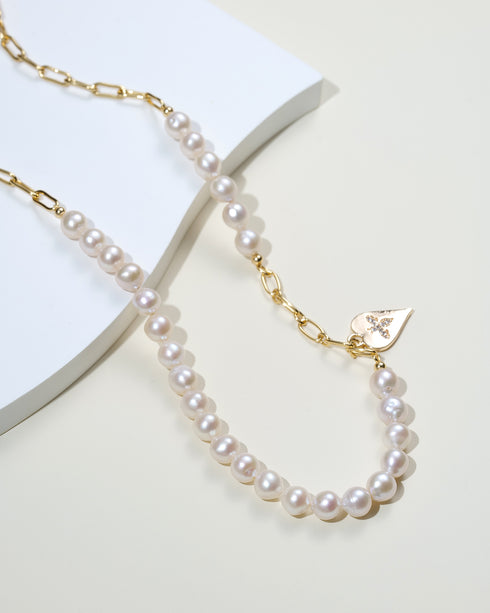 28-Inch Freshwater Pearl & Chain Necklace with Gold Heart Bee Pendant