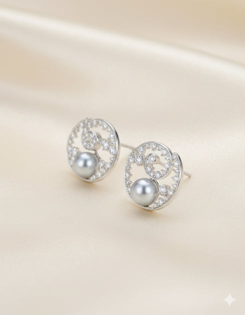 8–9mm Silver Blue Pearl Spiral Zirconia Stud Earrings