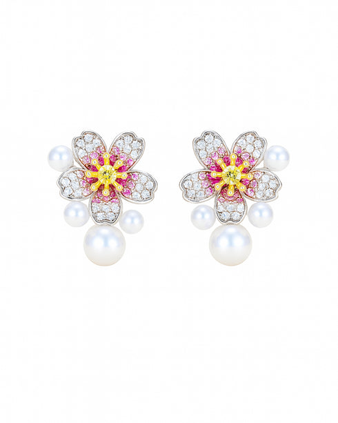 Pair of floral earrings with pearl-like beads on a white background