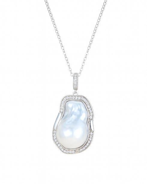 14-16mm White South Sea Baroque Pearl Cubic Zirconia Pendant Necklace