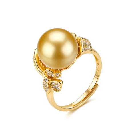 Ring with a 10–11mm South Sea golden pearl and diamond-accent design in gold by House Of Pearls LC