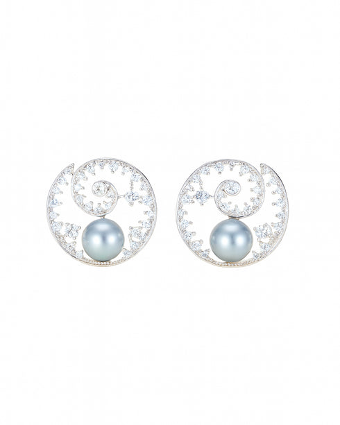 8–9mm Silver Blue Pearl Spiral Zirconia Stud Earrings