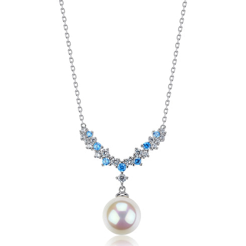 Aurora Vine Pendant Necklace by House Of Pearls JX with 10-11mm freshwater pearl and blue crystal accents