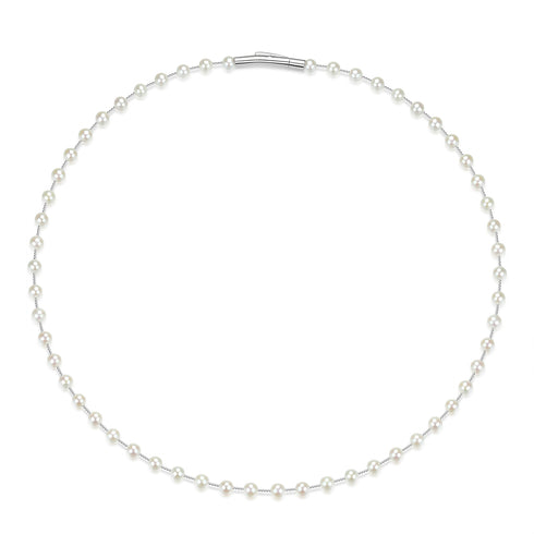 Freshwater pearl necklace with white rice pearls on a slim silver chain, 43-inch length.