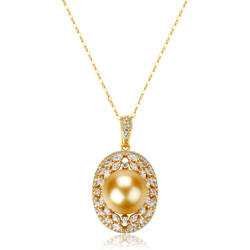 Halo pendant necklace featuring AAA 10–11mm Golden South Sea pearl with a diamond halo on a gold chain – House of Pearls