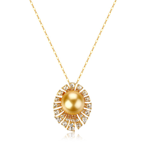 House of Pearls sunburst necklace with a 10–11mm Golden South Sea pearl on a gold chain