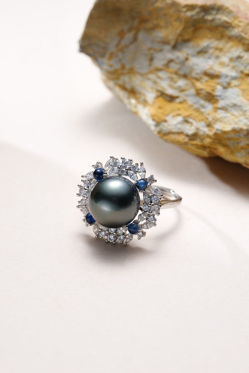 Tahitian South Sea Pearl Sparkle Ring with a dark pearl surrounded by diamonds and blue beads, House Of Pearls XM