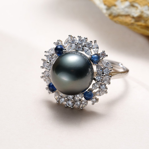 11-12mm Tahitian Pearl Sapphire Halo Ring featuring diamond halo and blue sapphire accents; House Of Pearls - XM